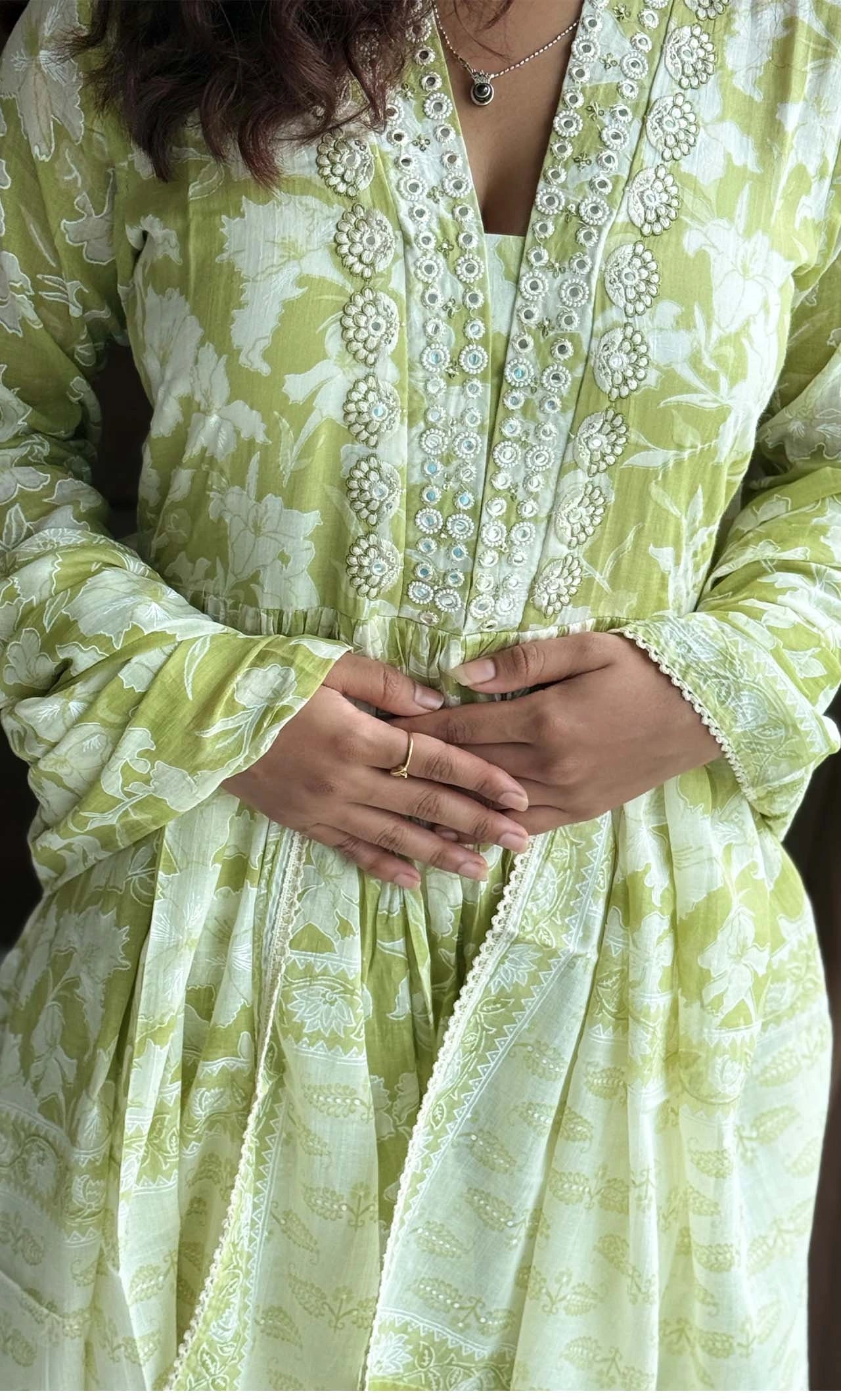 Lime Green Floral Pastel Bloom Lace & Mirror-Work Anarkali Kurta Set with Floral Cotton Dupatta