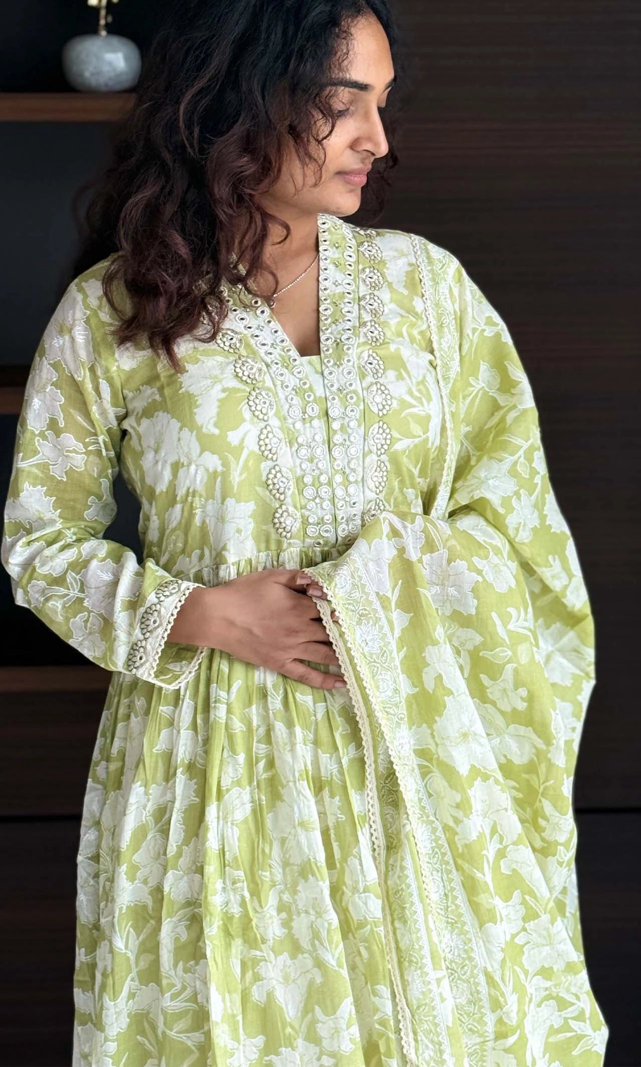 Lime Green Floral Pastel Bloom Lace & Mirror-Work Anarkali Kurta Set with Floral Cotton Dupatta