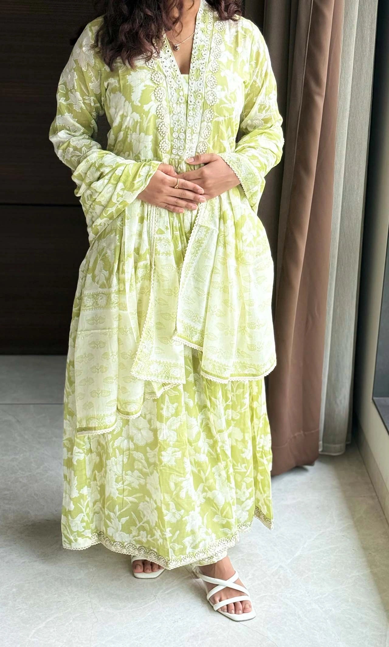 Lime Green Floral Pastel Bloom Lace & Mirror-Work Anarkali Kurta Set with Floral Cotton Dupatta