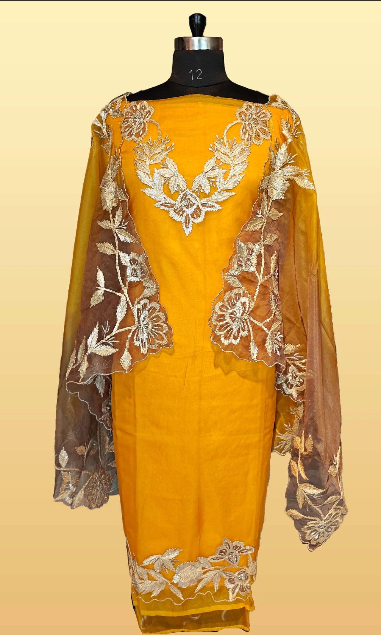 Mustard Yellow Organza Gotta Patti Unstitched Suit Material with Gradient Dupatta & Santoon
