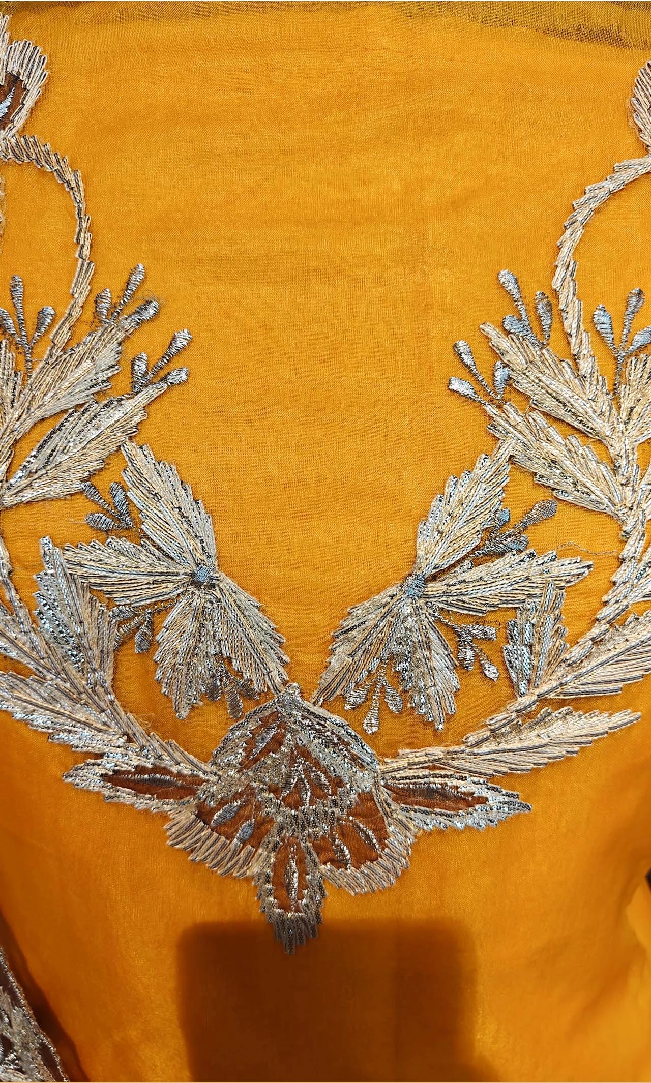 Mustard Yellow Organza Gotta Patti Unstitched Suit Material with Gradient Dupatta & Santoon