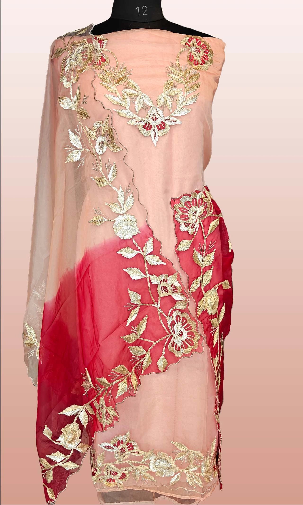 Baby Pink Organza Gotta Patti Unstitched Suit Material with Gradient Dupatta & Viscose Santoon