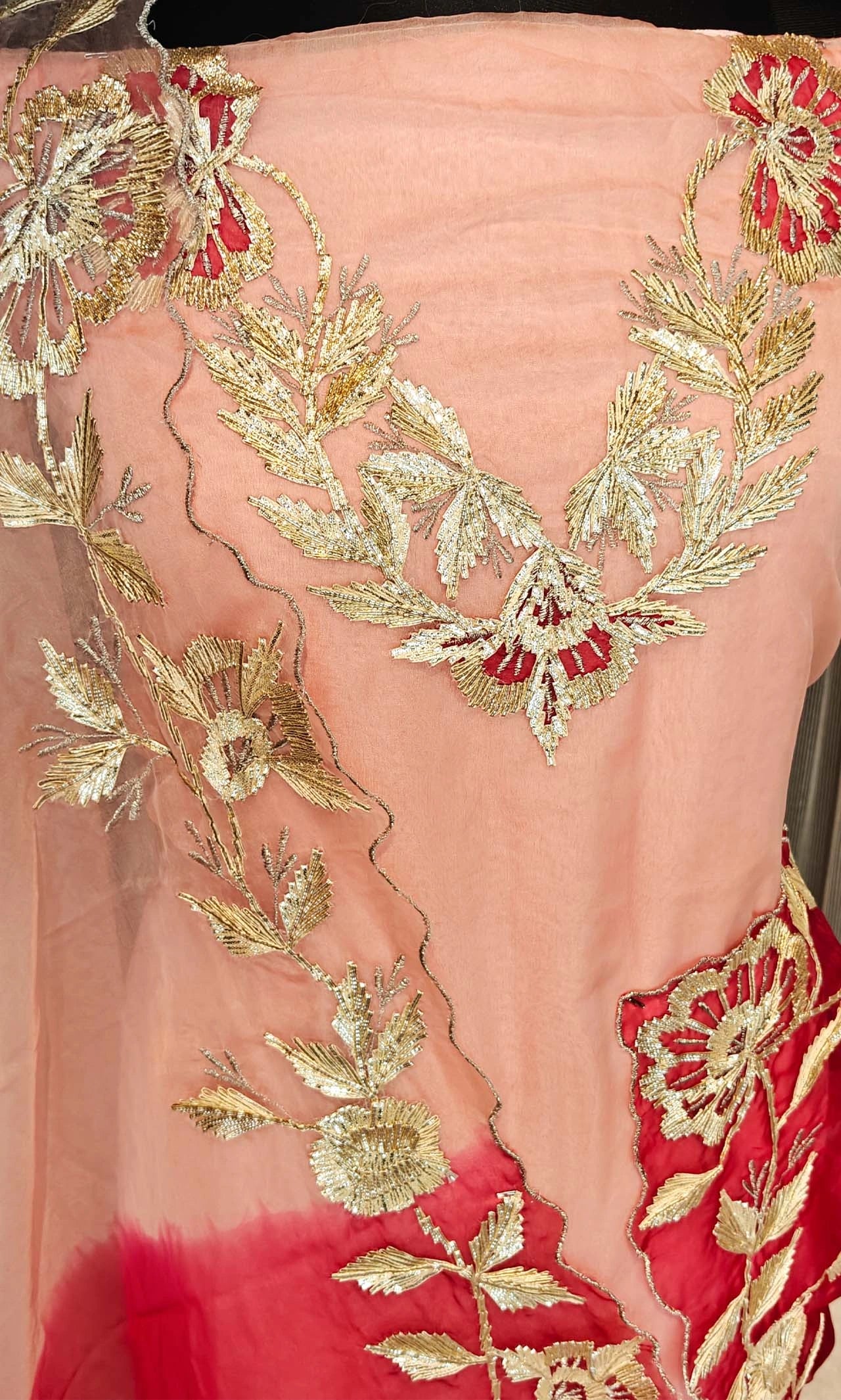 Baby Pink Organza Gotta Patti Unstitched Suit Material with Gradient Dupatta & Viscose Santoon