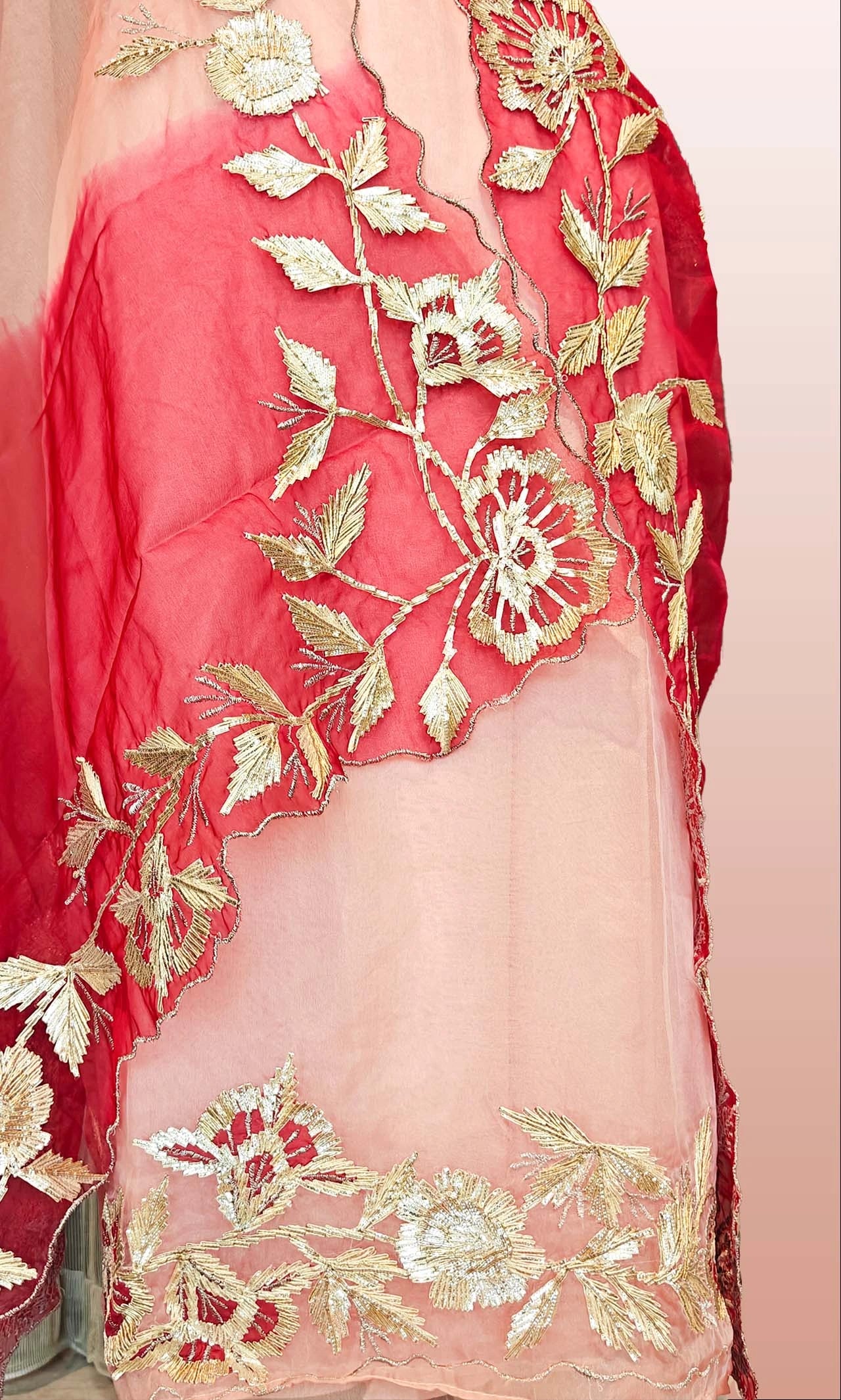 Baby Pink Organza Gotta Patti Unstitched Suit Material with Gradient Dupatta & Viscose Santoon