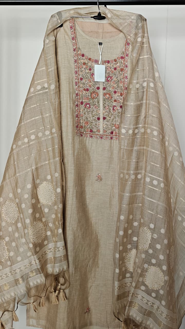 Beige Hand-Embroidered Linen  Suit