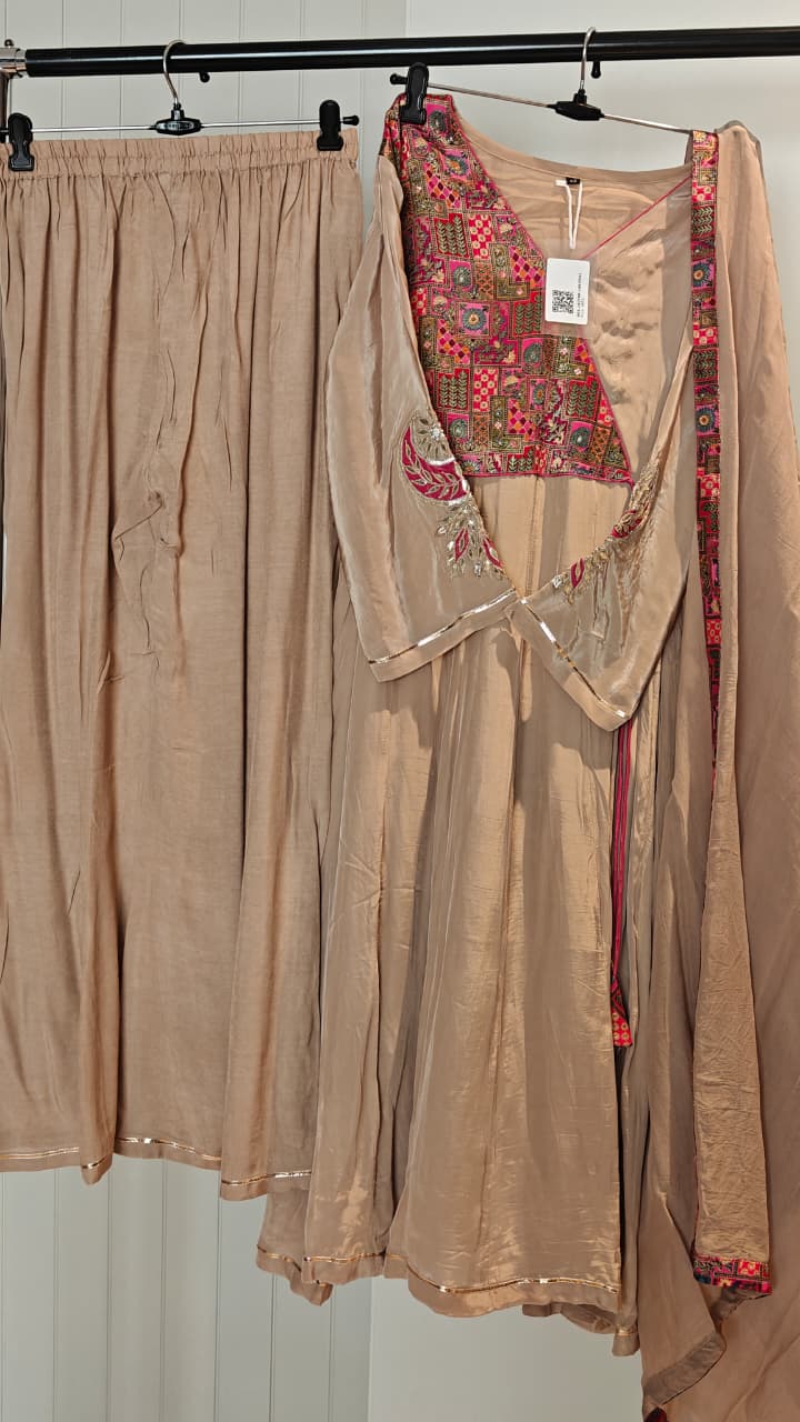 Beige Silk Blend Embroidered Sharara Set with Mirror & Multicolor Patchwork Detailing