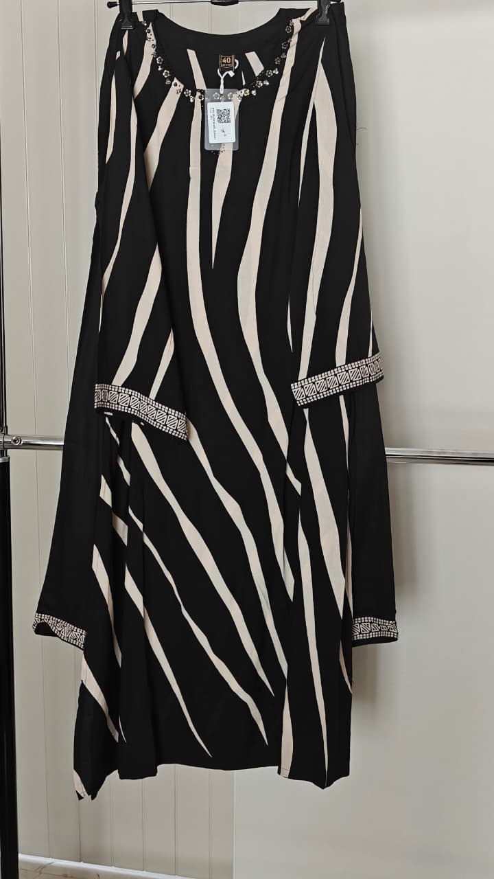 Black & Beige Printed Kaftan Kurta with Embellished Neckline