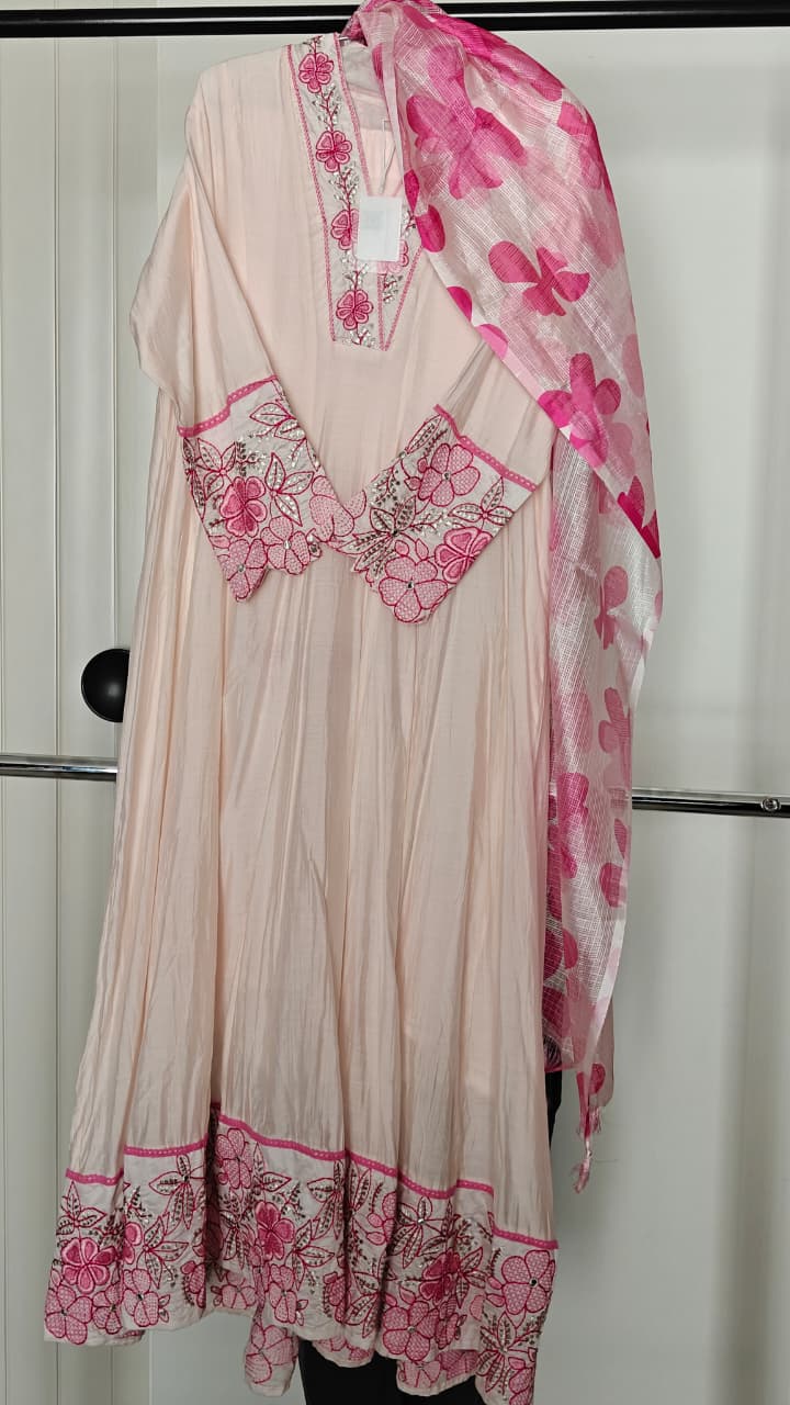 Blush Pink Floral Anarkali Set with Printed Dupatta