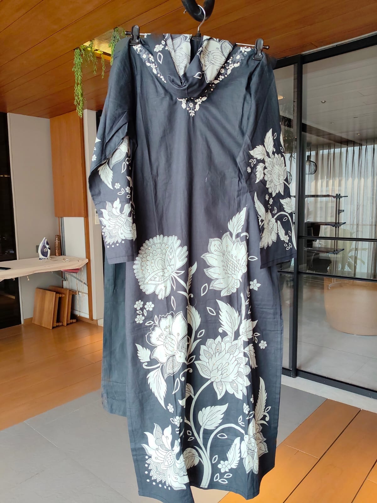 Charcoal Black & Ivory Floral Printed Cotton Suit