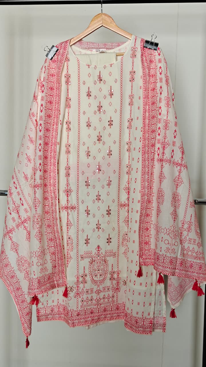 Cream & Red Embroidered Mirror Work Suit  | Elegant Cotton Dress Material (3 Pc Set)