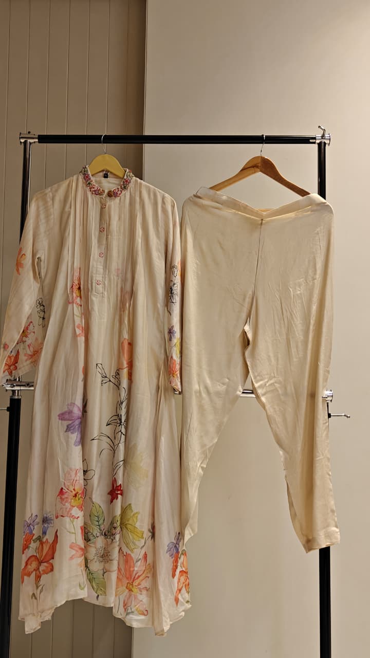 Soft Cream Floral Crepe Two-Piece Set with Embellished Collar