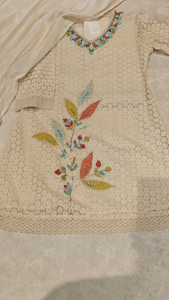 Embroidered Cream Lace Kurta with Colorful Floral Appliqué Work