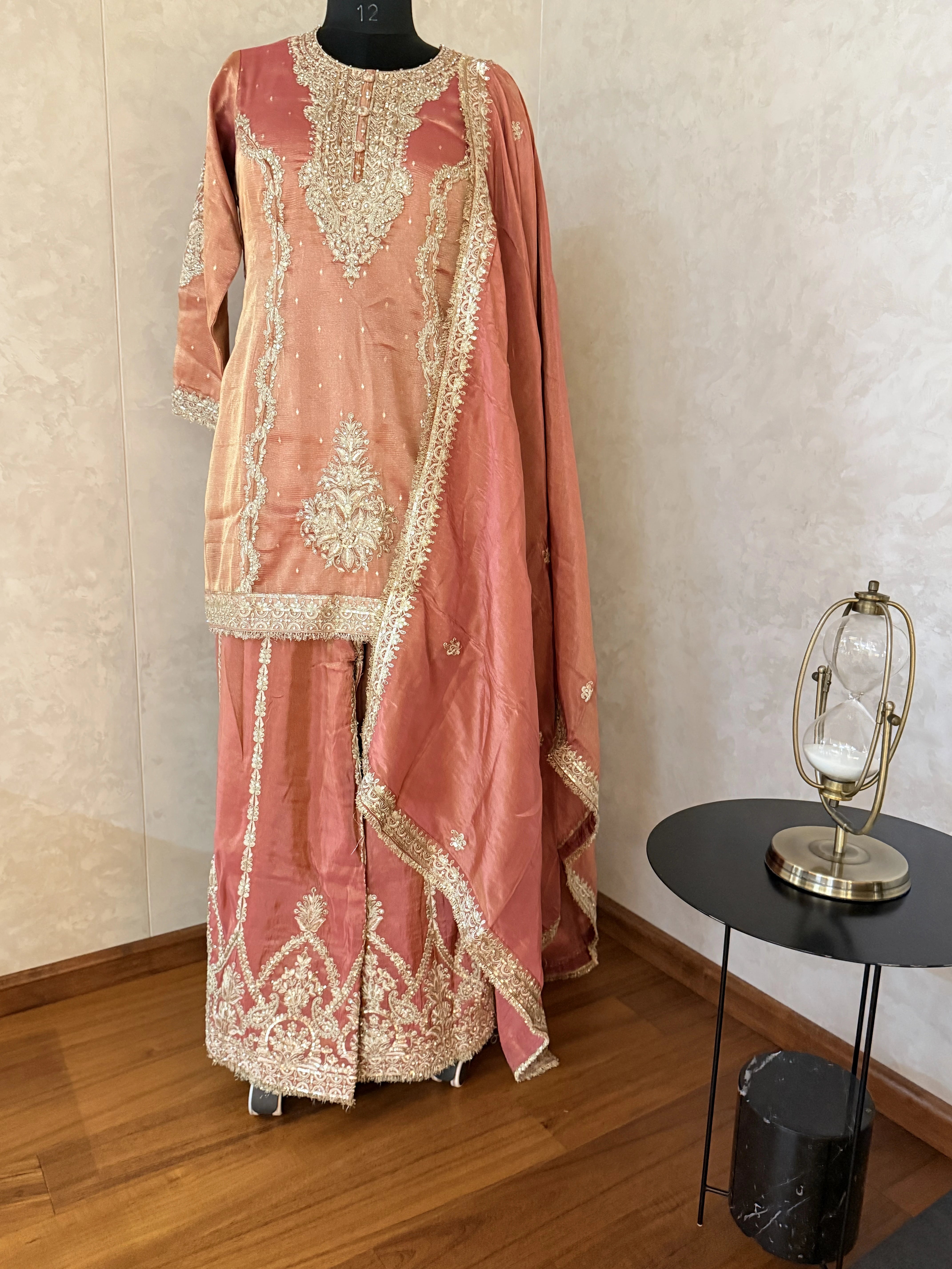 Peach Shimmer Embroidered Sharara