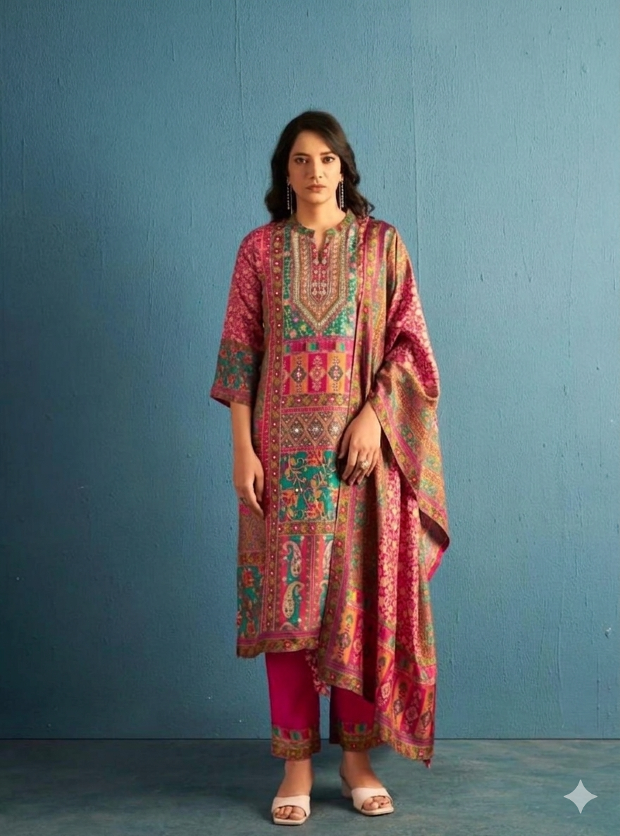 Fuchsia & Emerald Heritage Print Crepe Suit Set with Straight Pants and Matching Dupatta