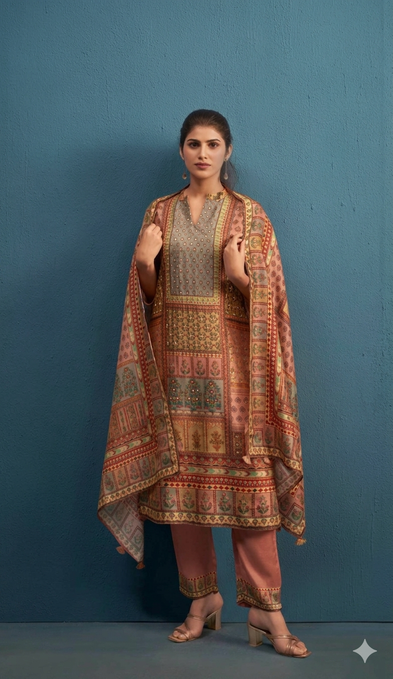 Rust & Peach 3-Piece Printed Suit