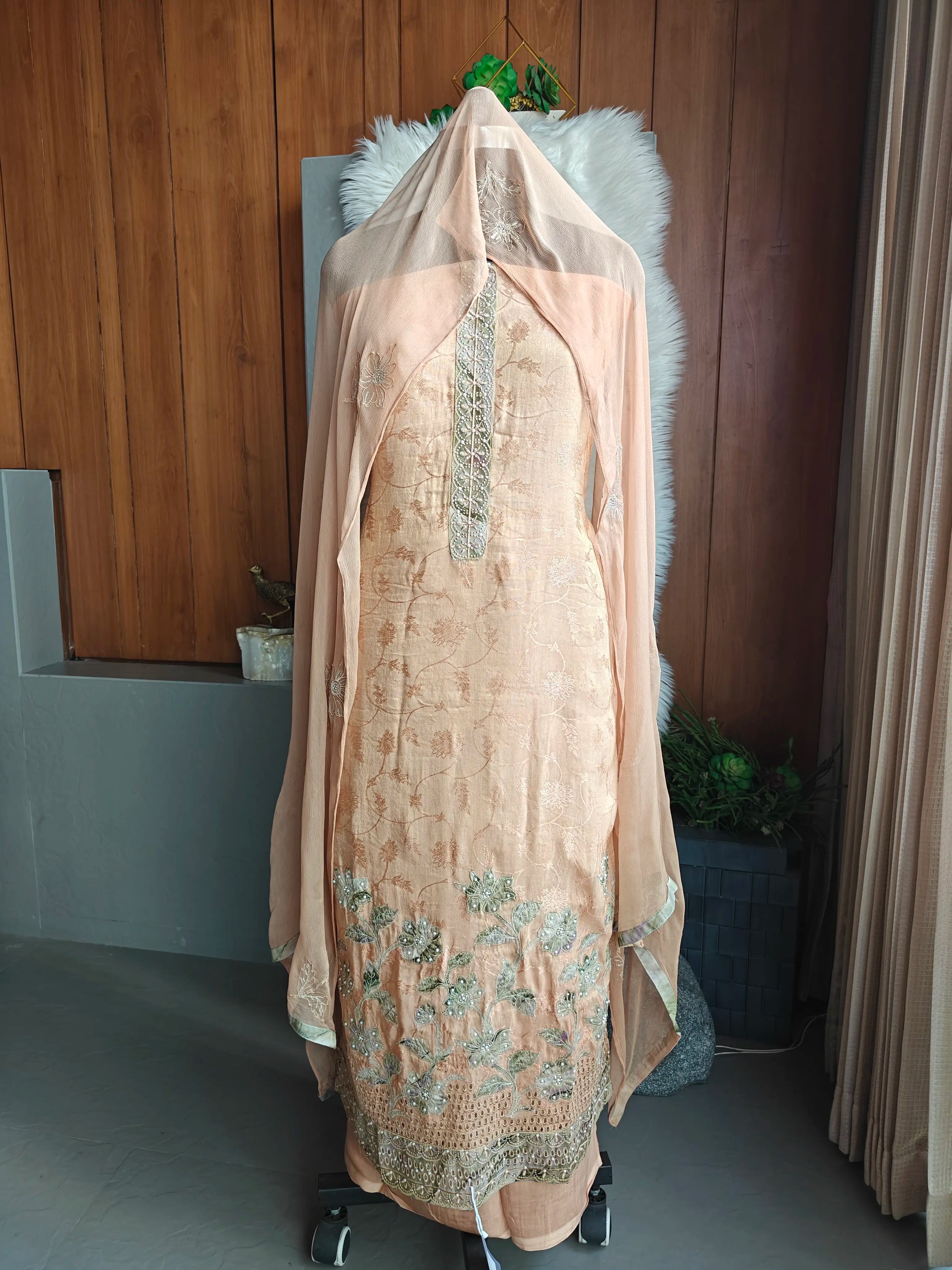 Champagne Beige Embroidered Unstitched Suit Material