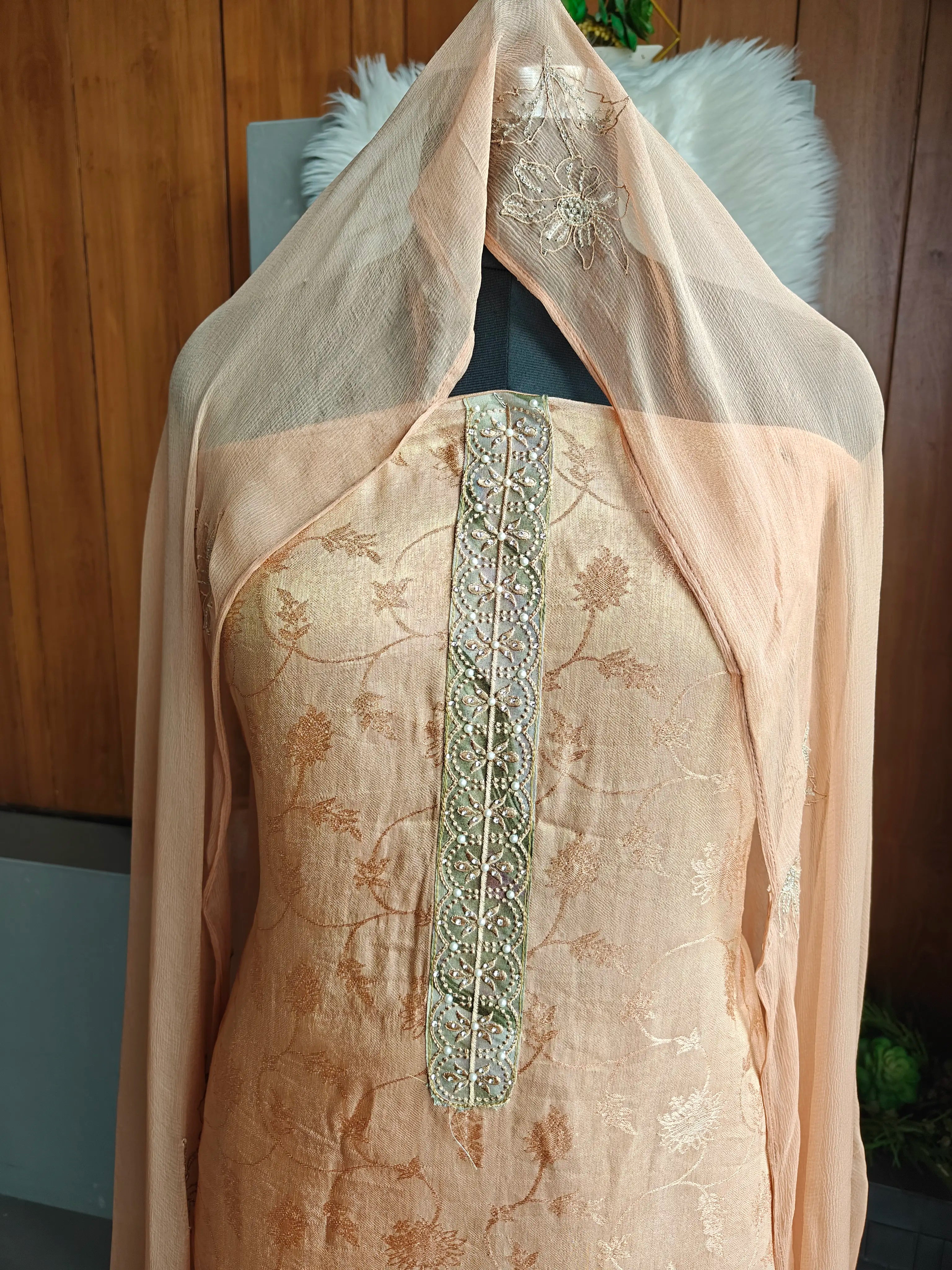Champagne Beige Embroidered Unstitched Suit Material