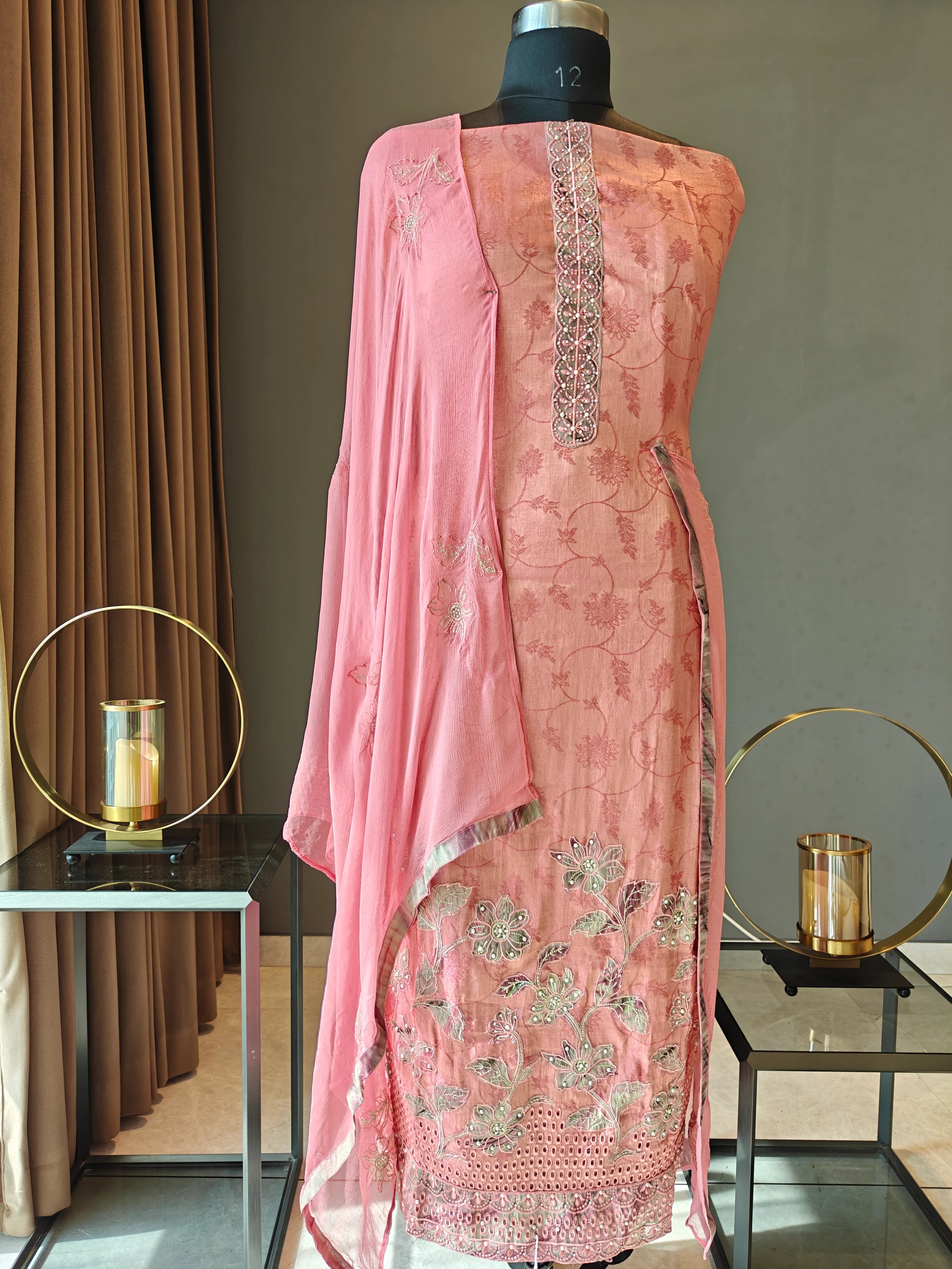 Blush pink Embroidered Unstitched Suit Material