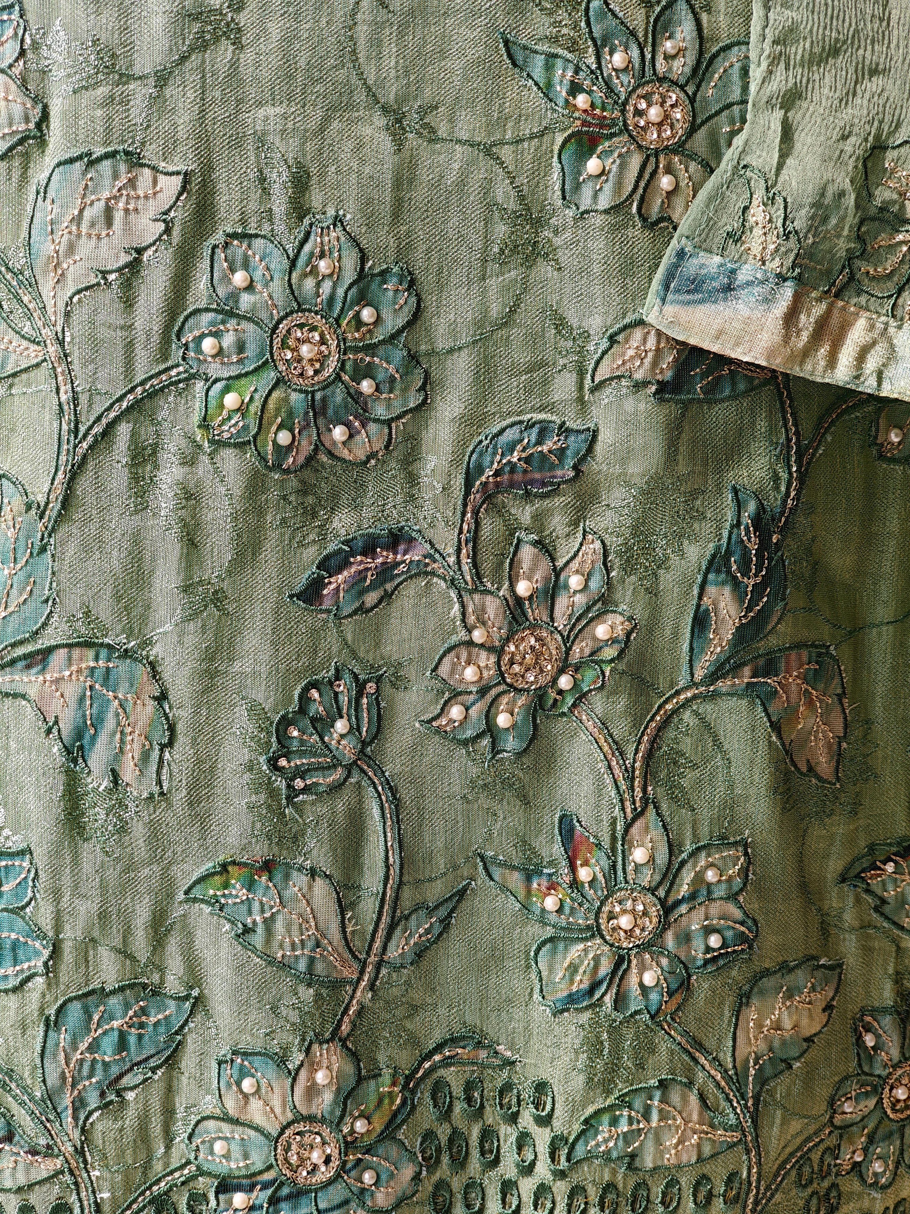 Aqua Green Embroidered Unstitched Suit Material