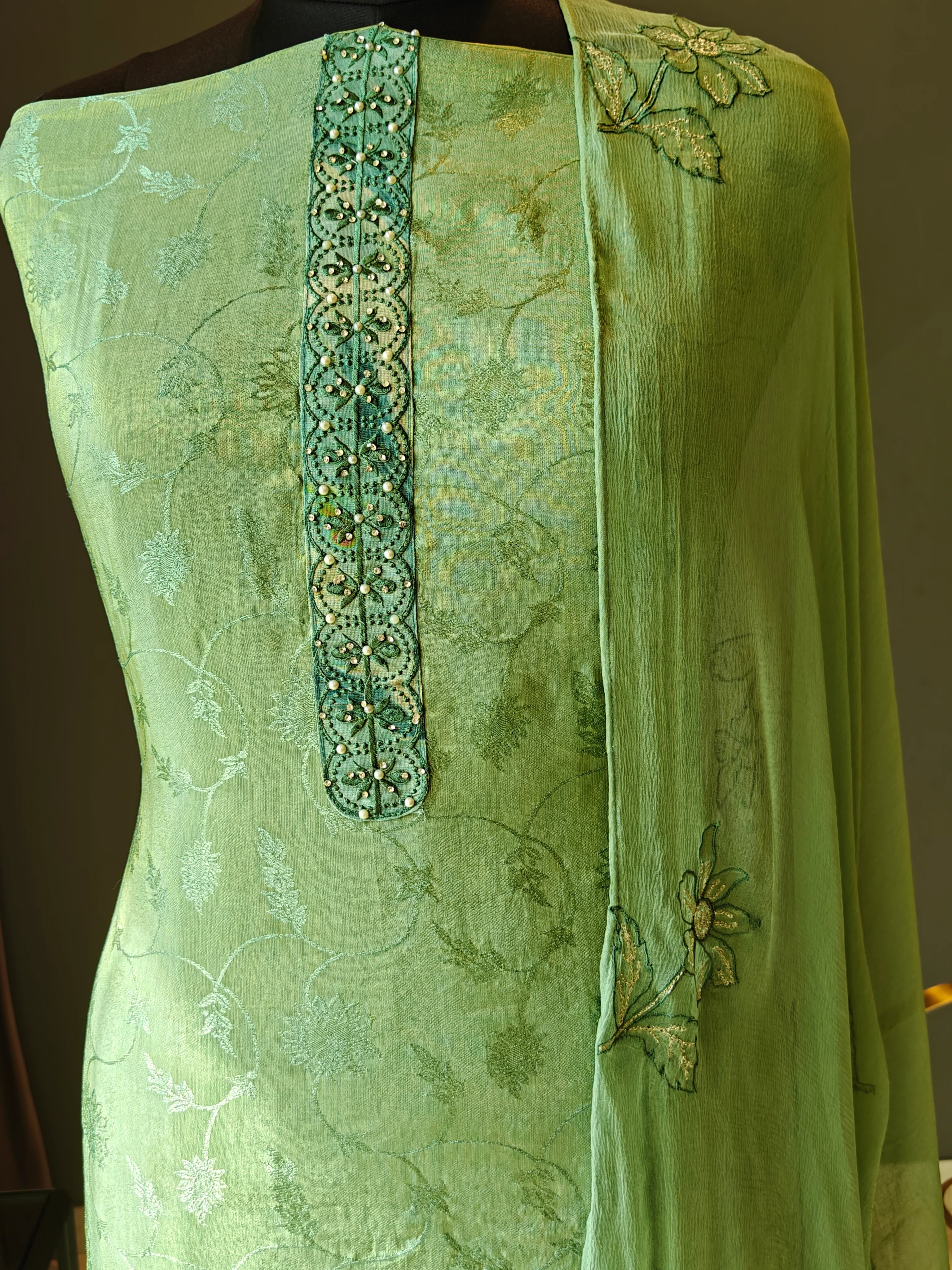 Aqua Green Embroidered Unstitched Suit Material