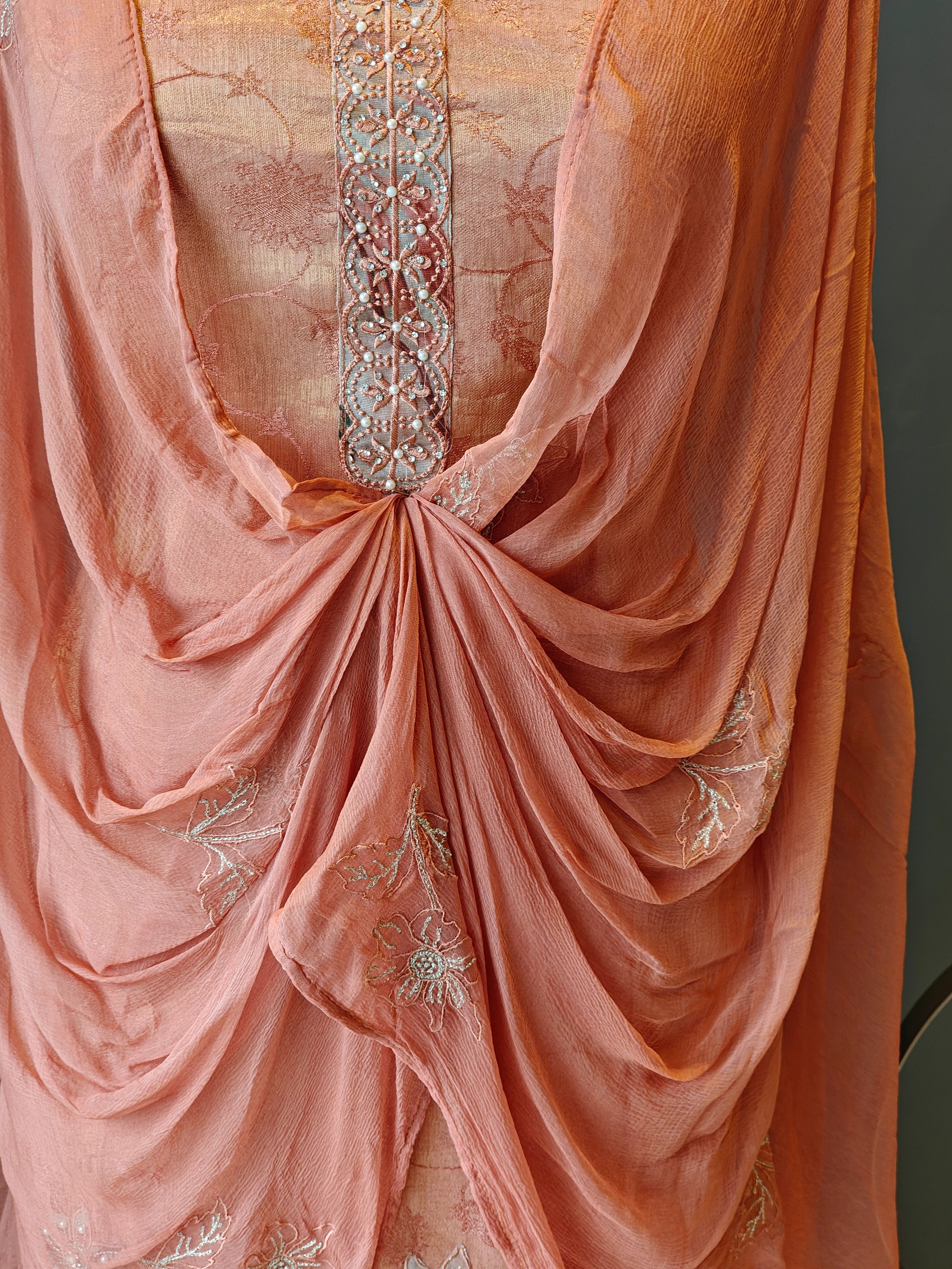 Peach Gold Embroidered Unstitched Suit Material