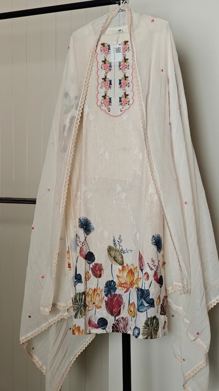 Ivory Floral Printed Cotton  Suit  with Embroidered Neckline