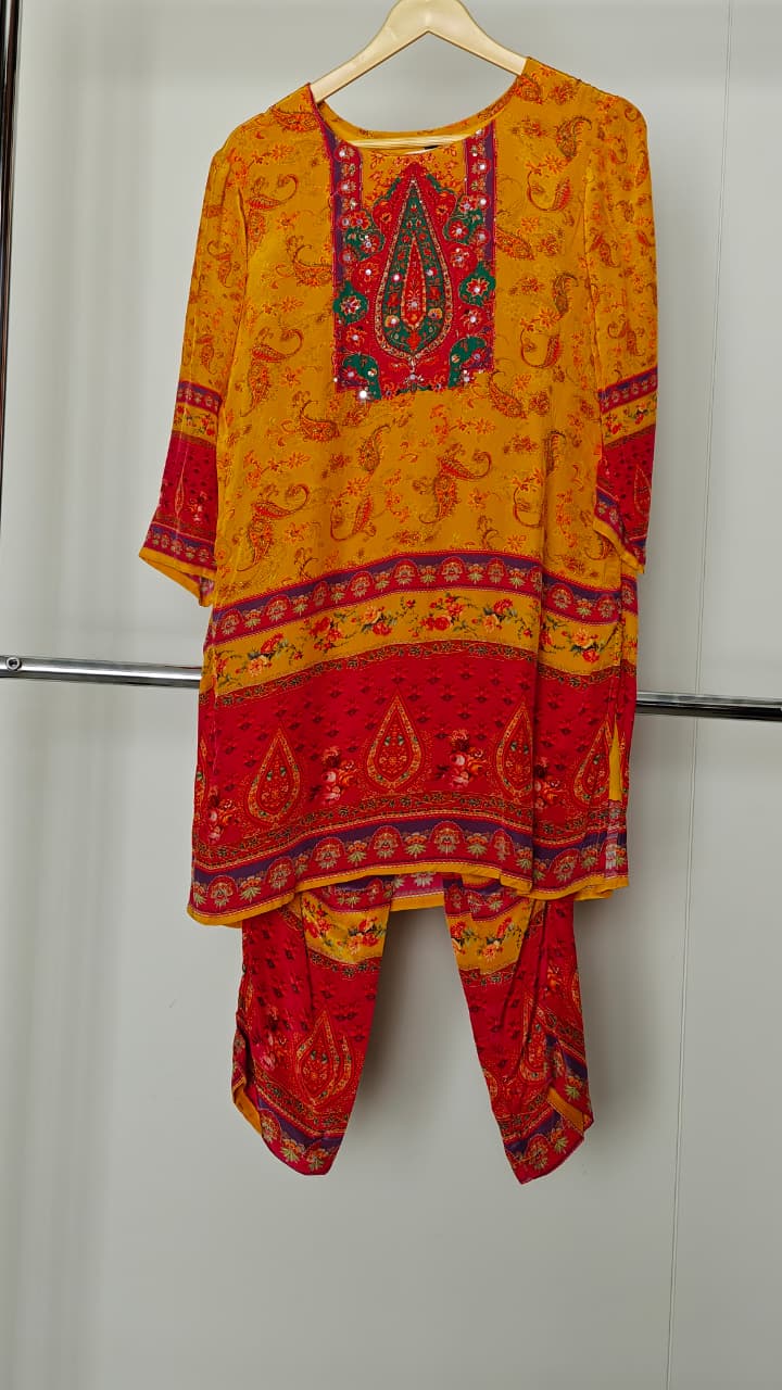 Mustard & Red Printed Embroidered Coord Set