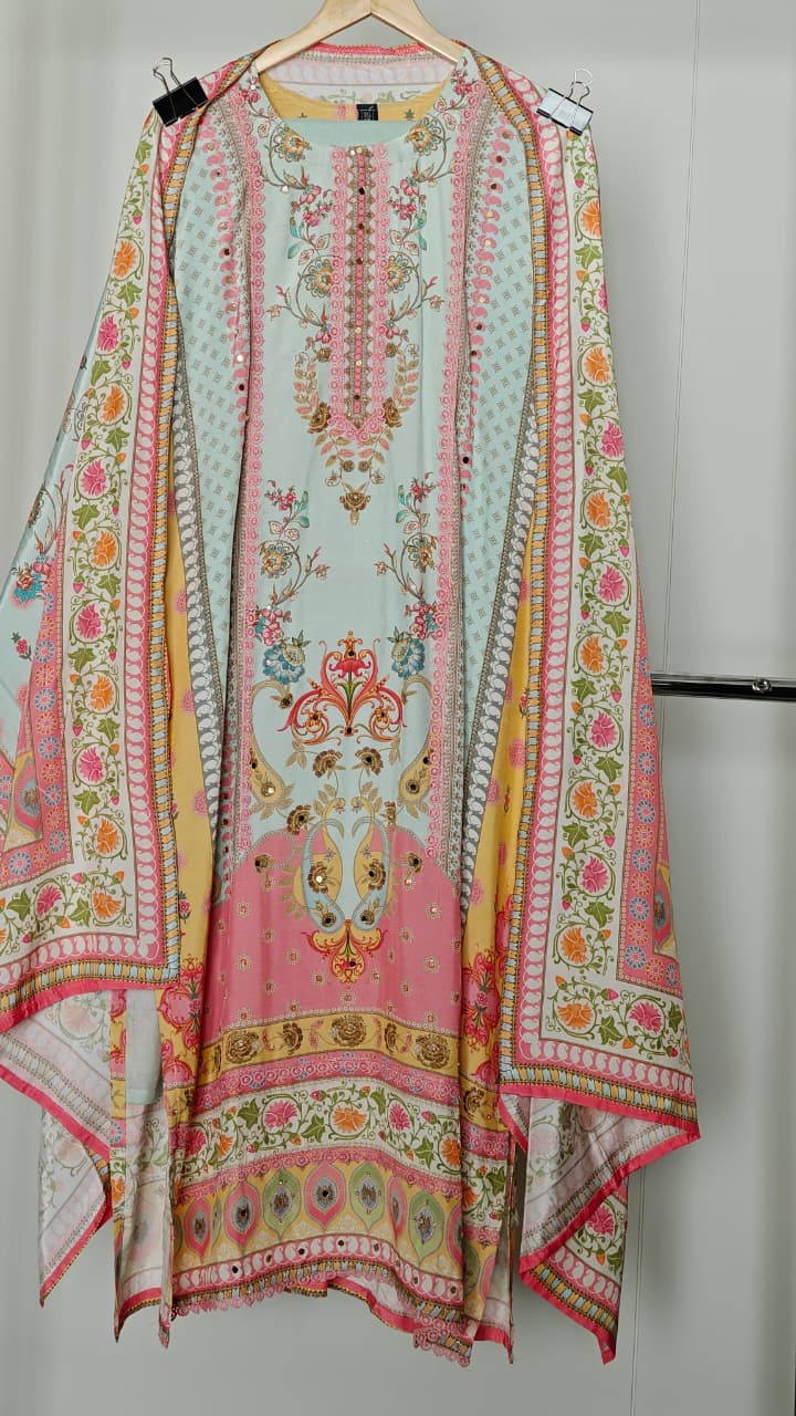 Pastel Mint & Pink Printed Cotton Suit  with Mirror Work