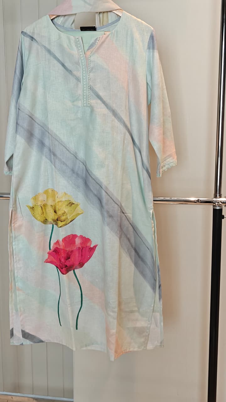 Pastel Shades Printed Cotton Kurta with Floral Detailing