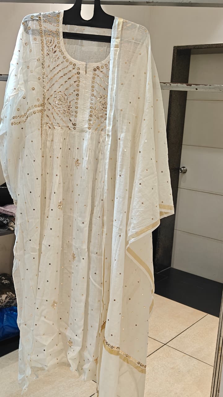 Pure Lakhnavi Diabole Kurta Set with Golden Mukaish Work