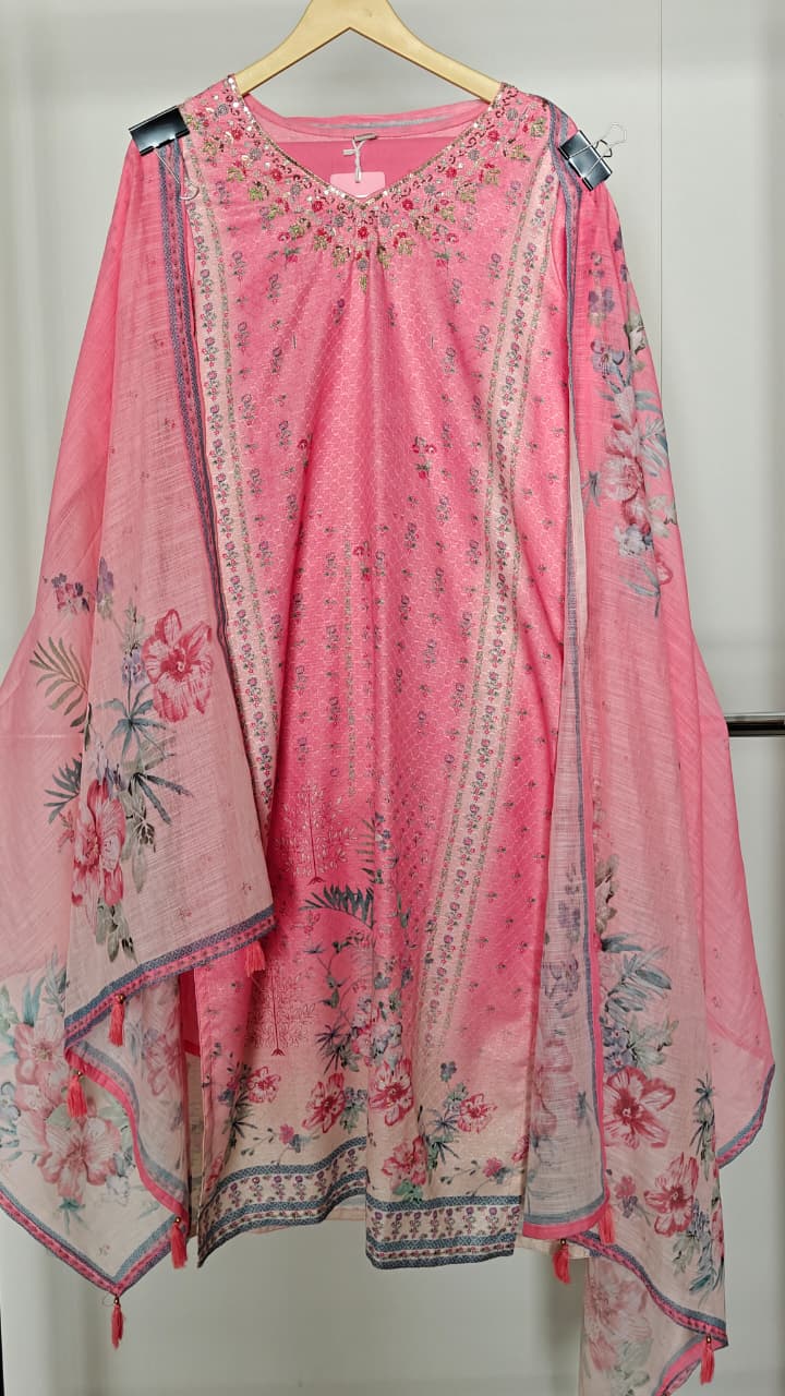 Rose Pink Floral Printed & Embroidered Suit  (3 Pc Set)