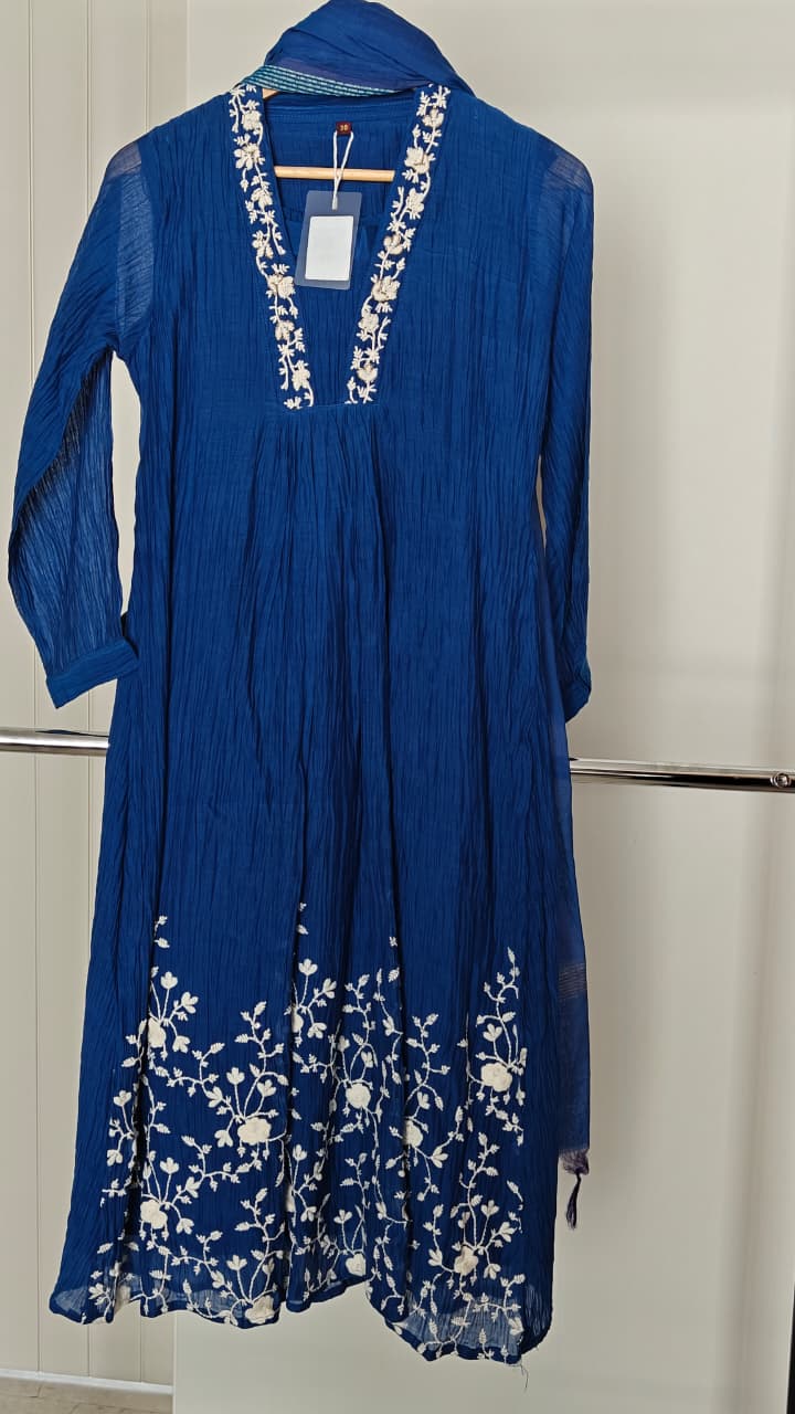 Royal Blue Crinkle Cotton Embroidered Anarkali Kurta