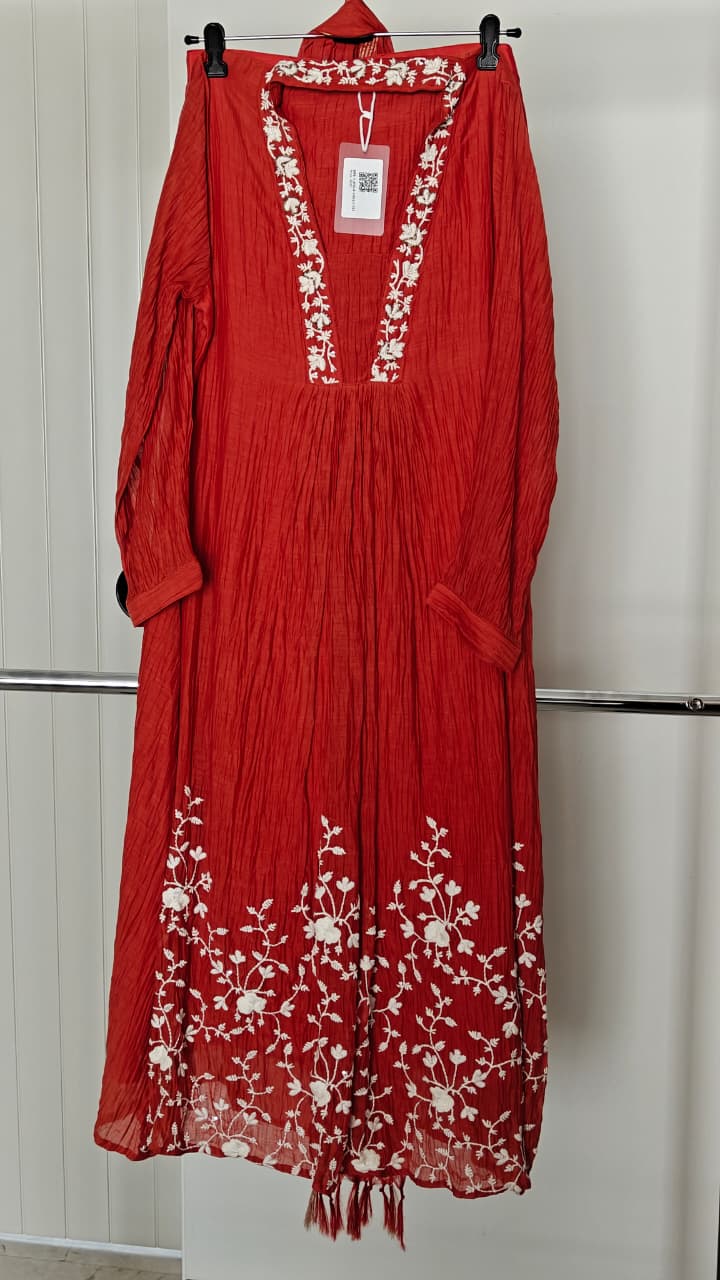 Rust Red Crinkle Cotton  Anarkali Kurta