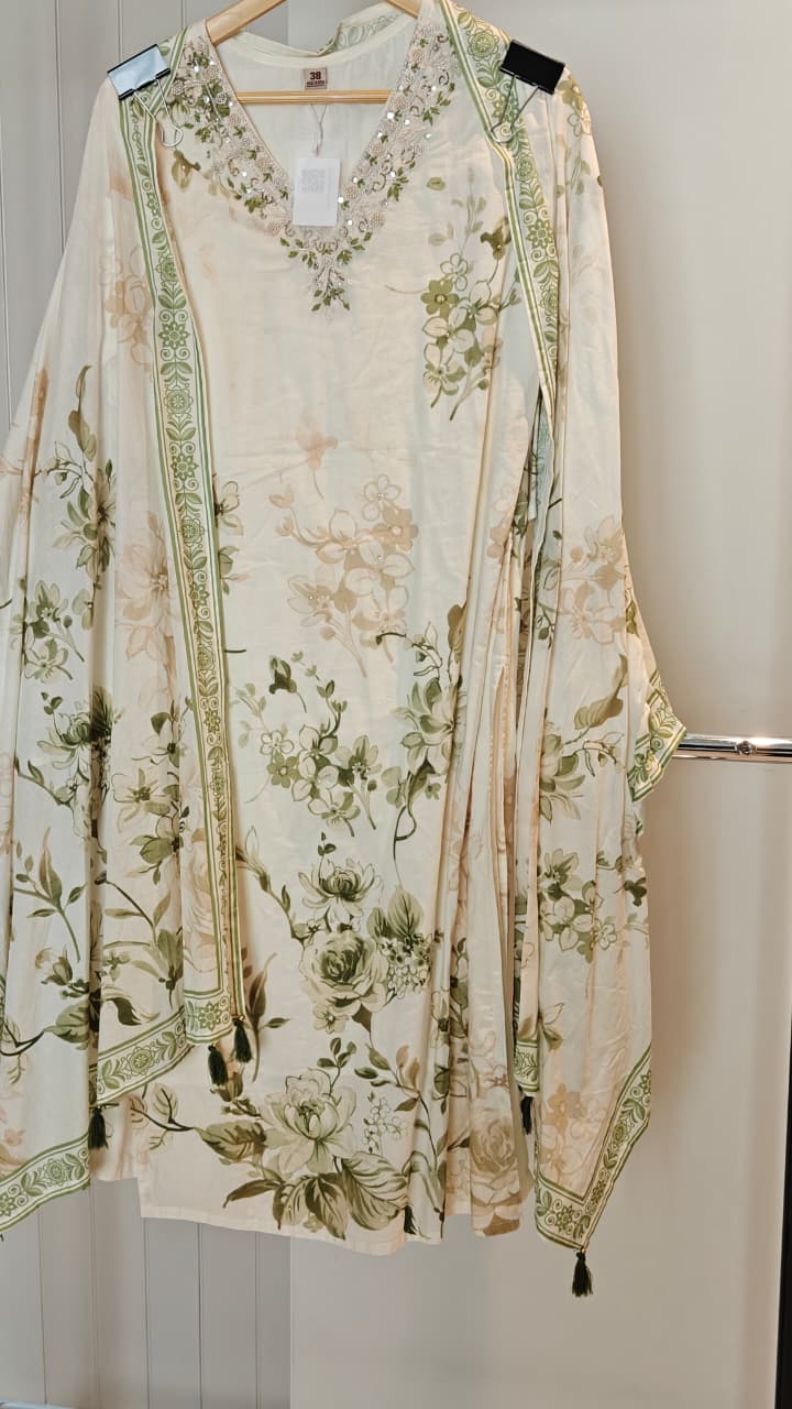 Soft Ivory Floral Printed Kurta with Elegant Handwork Neckline