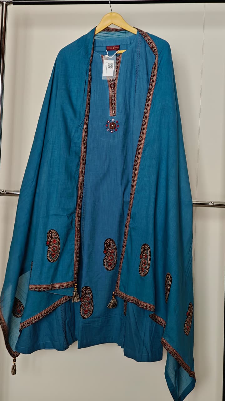 Teal Blue Embroidered Cotton Suit .