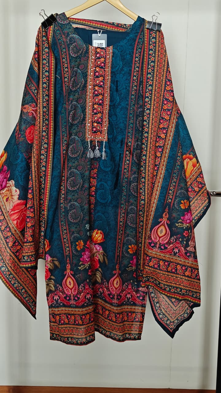 Teal Blue Ethnic Printed & Embroidered Suit  (3 Pc Set)