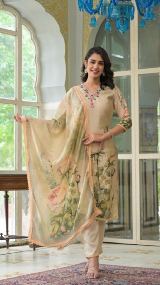 Beige Silk-Blend Floral Digital Print Suit with Embroidered Neckline