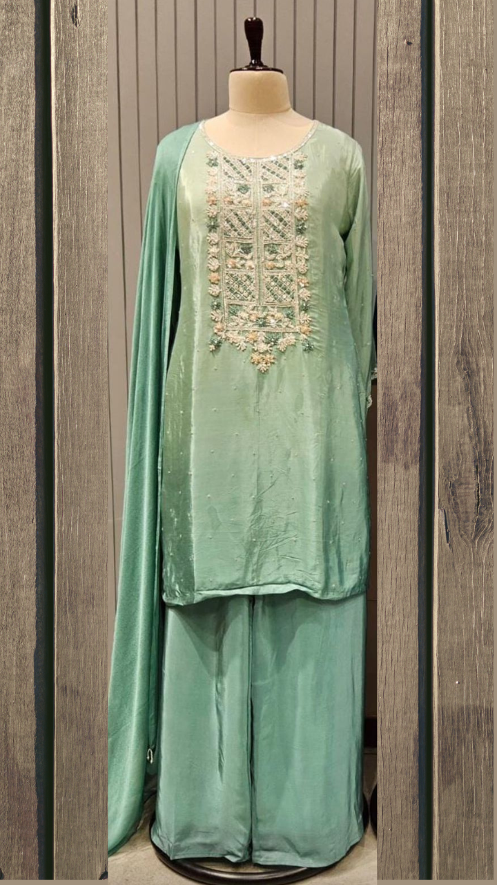 Green Crepe Palazzo Suit with Hand-Embroidered Zardosi Yoke