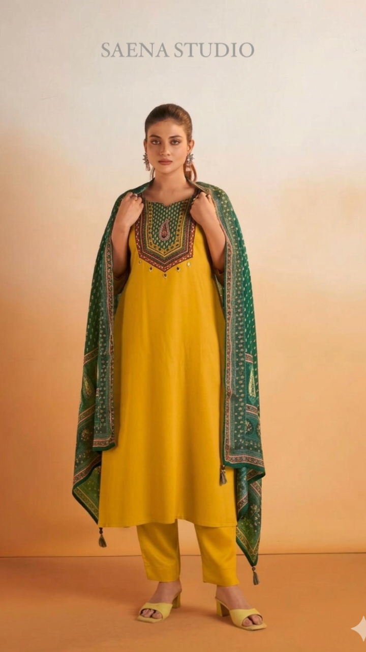 Mustard Yellow Cotton Silk Suit with Ajrakh Print Yoke & Emerald Dupatta