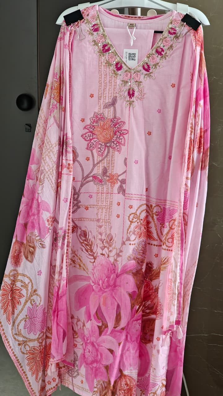 Blush Pink Floral Printed & Embroidered Suit  | Lightweight Summer Collection (3 Pc Set)