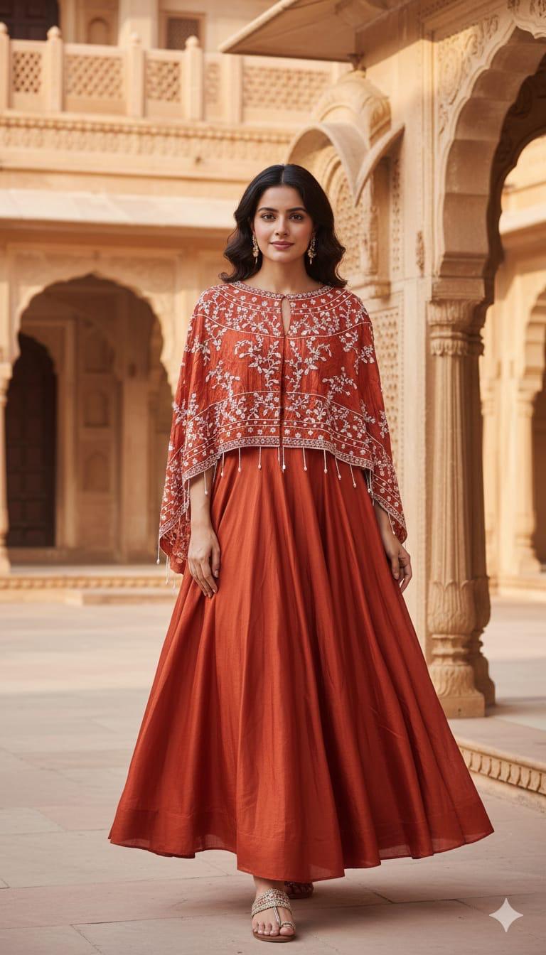 Rust Orange Flared Skirt and Embroidered Cape-Top Set with Pearl Accents