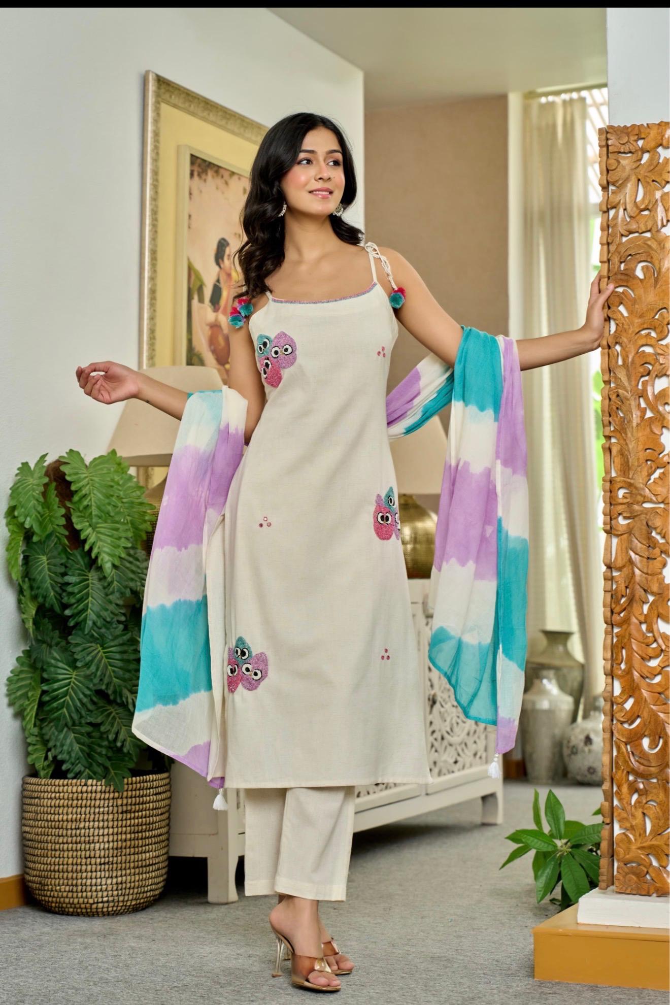 Boho-Chic Hand-Embroidered Cotton 3-Piece Suit Set
