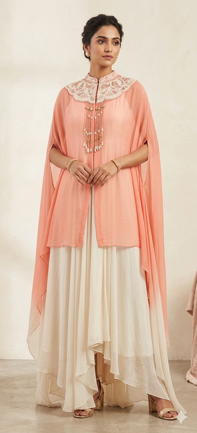Peach & Cream Ombre Cape Gown with Pearl Embellishment