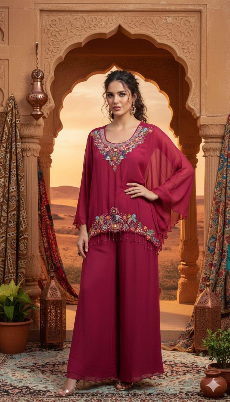 Crimson Red Hand-Embroidered Kaftan & Flared Palazzo Set