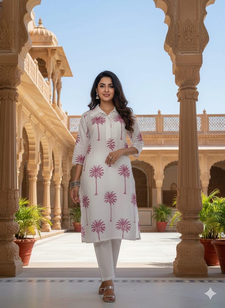 Collar Neck Palm Tree Print Suit Set