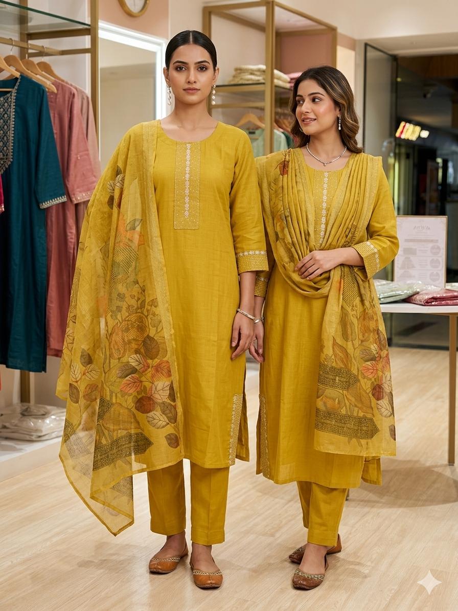 Mustard Yellow Crepe Straight Suit Set with Floral Organza Dupatta
