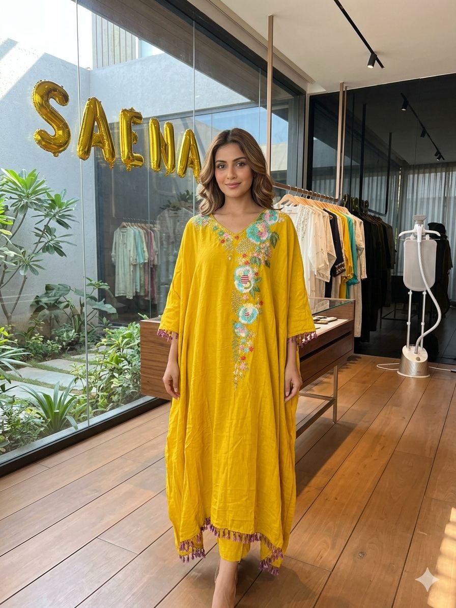 Yellow Floral Hand-Work Kaftan Set