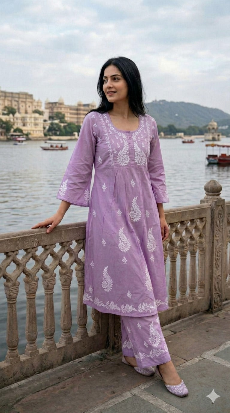 Pure Cotton Lakhnavi Chikankari Kurta Set