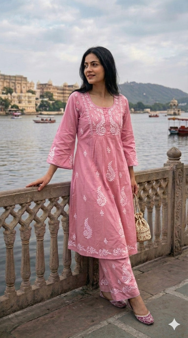 Pure Cotton Lakhnavi Chikankari Kurta Set
