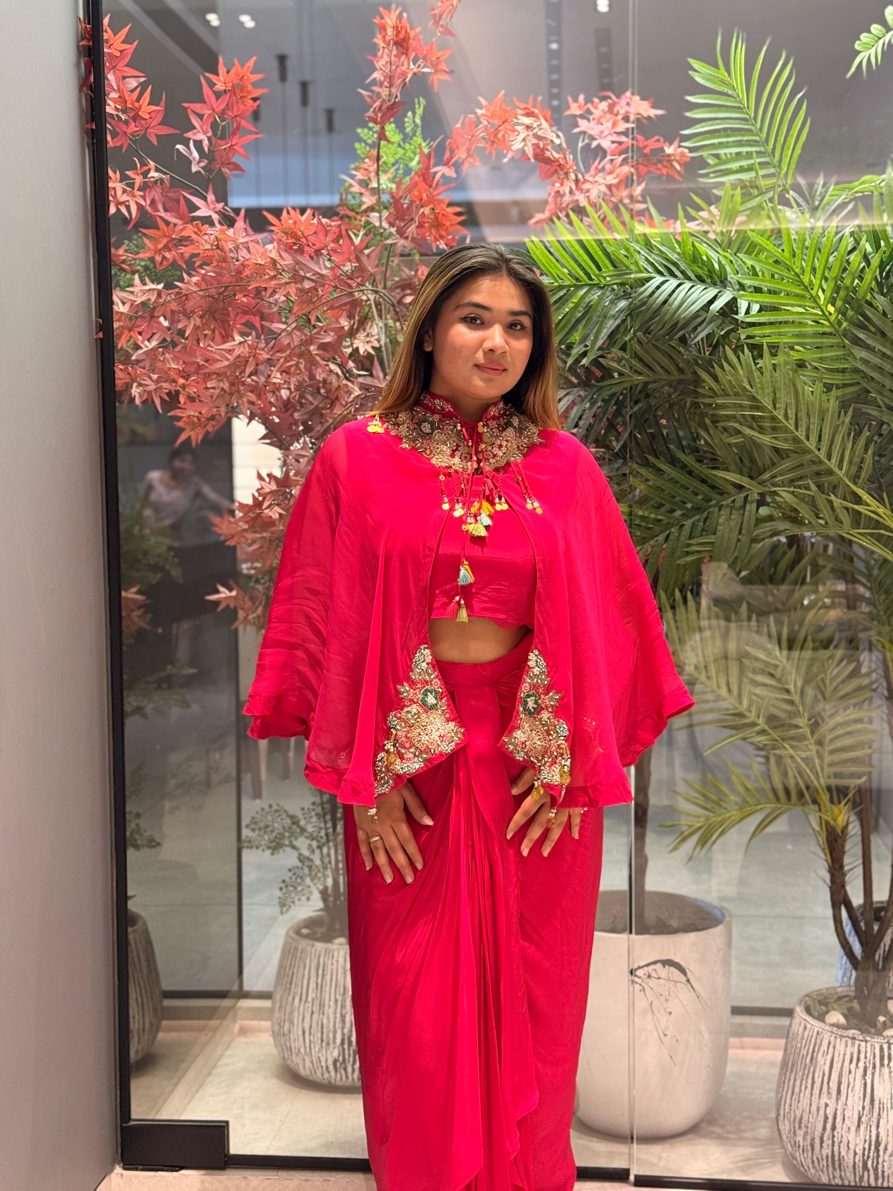 Fuchsia Pink Indowestern Dhoti Set with Embroidered Cape